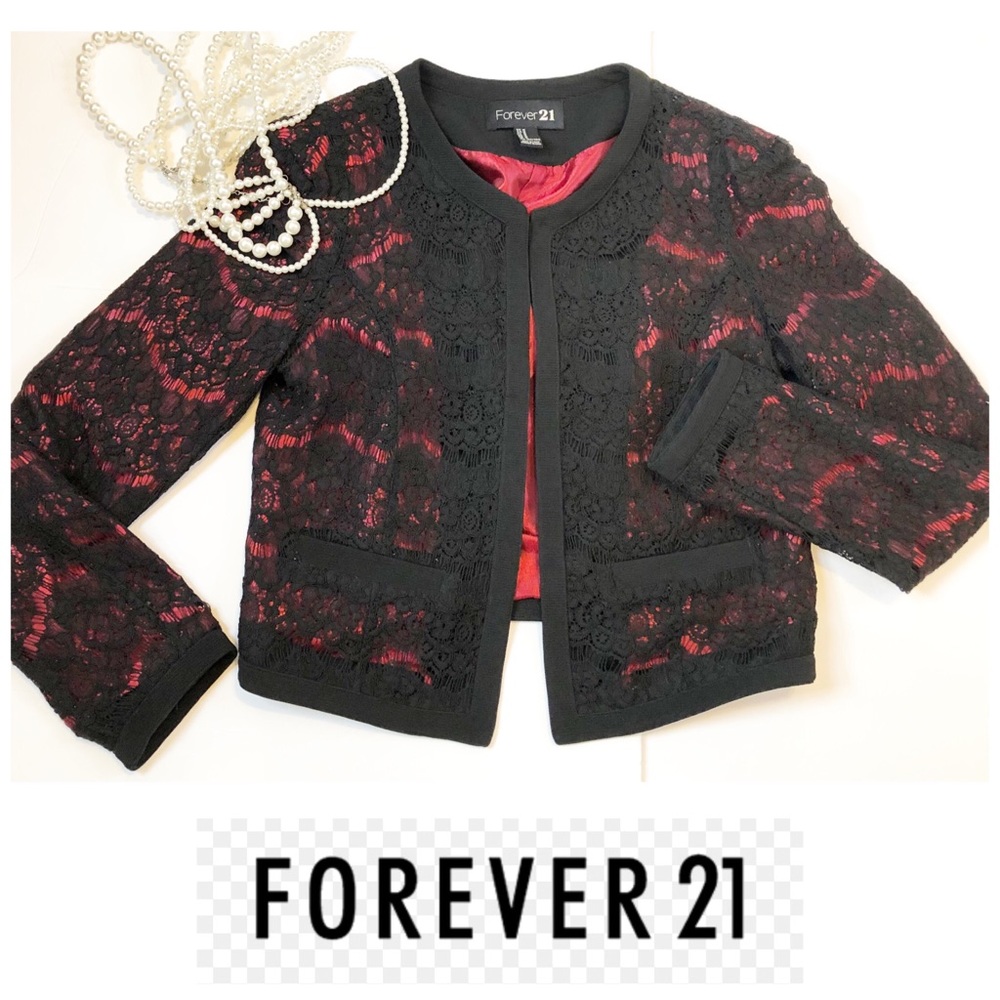 Forever 21 Black with Red Lace Lining Blazer Size M Romantic Whimsical Contempor